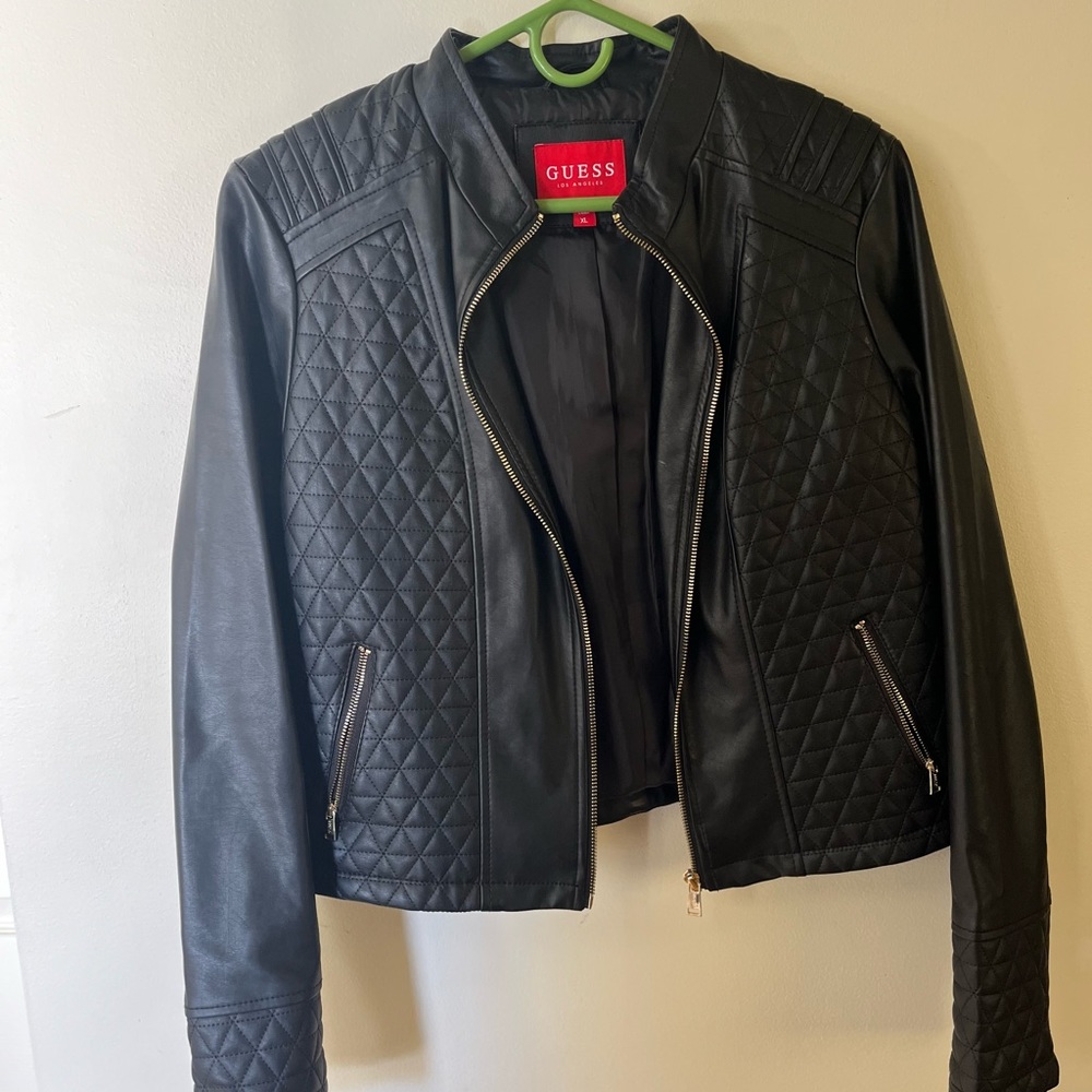 GUESS black faux leather jacket with gold accents size XL